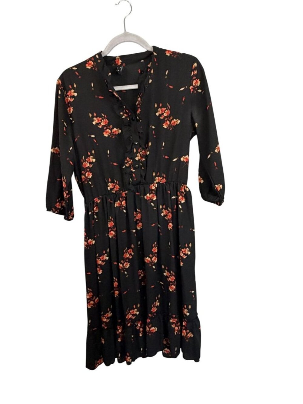 Floral Black Midi Dress With Ruffle Trim & 3/4 Sleeves By Piazza Italia Women’s